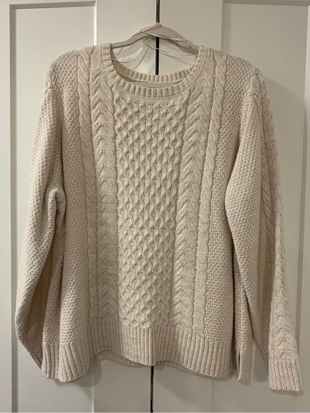 Chunky Cable Knit Crewneck Sweater - Cream with gold metallic